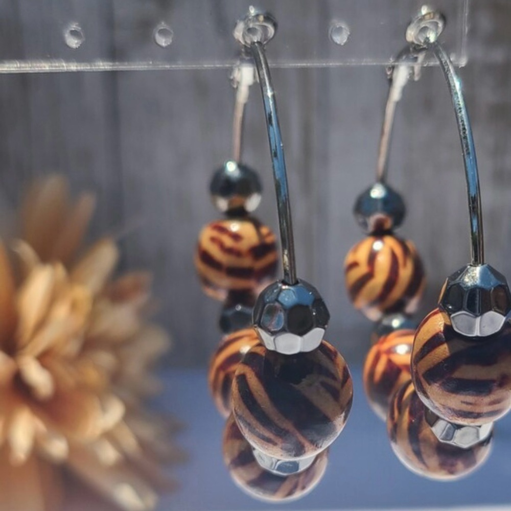 Zebra Safari Animal Print Wooden Bead Hoop Earrings